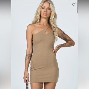 Elegant Asymmetrical One-Shoulder Dress in Tan
